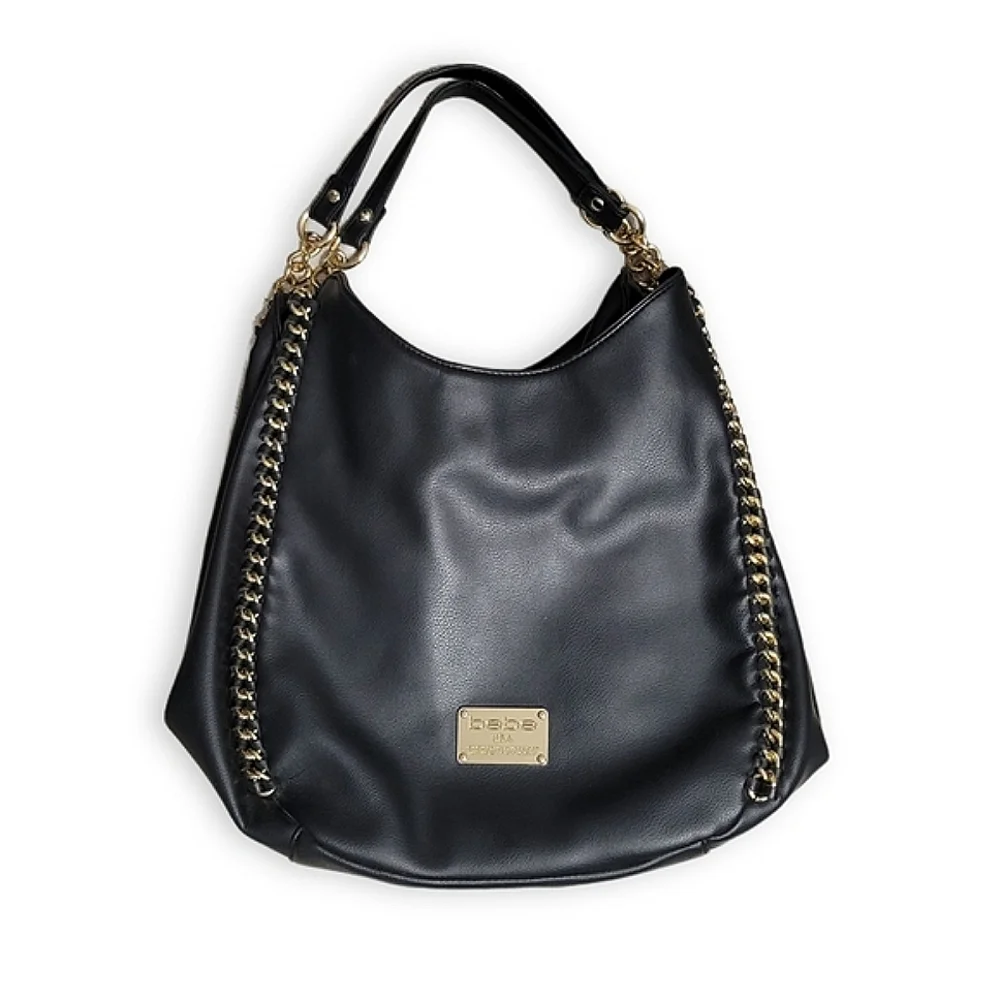 Bebe Colette Triple Entry Black Hobo Bag/Satchel Gold Chainlink Hobo Bag